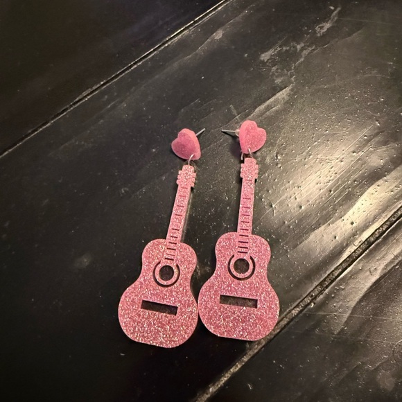 Pink Glitter Guitar Dangle Earrings - Picture 2 of 4
